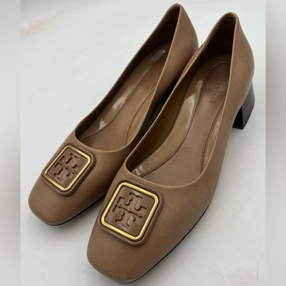 TORY BURCH Georgia Leather 35mm Pump Square Heel Almond Flour Women’s Size 8.5 - Picture 5 of 15